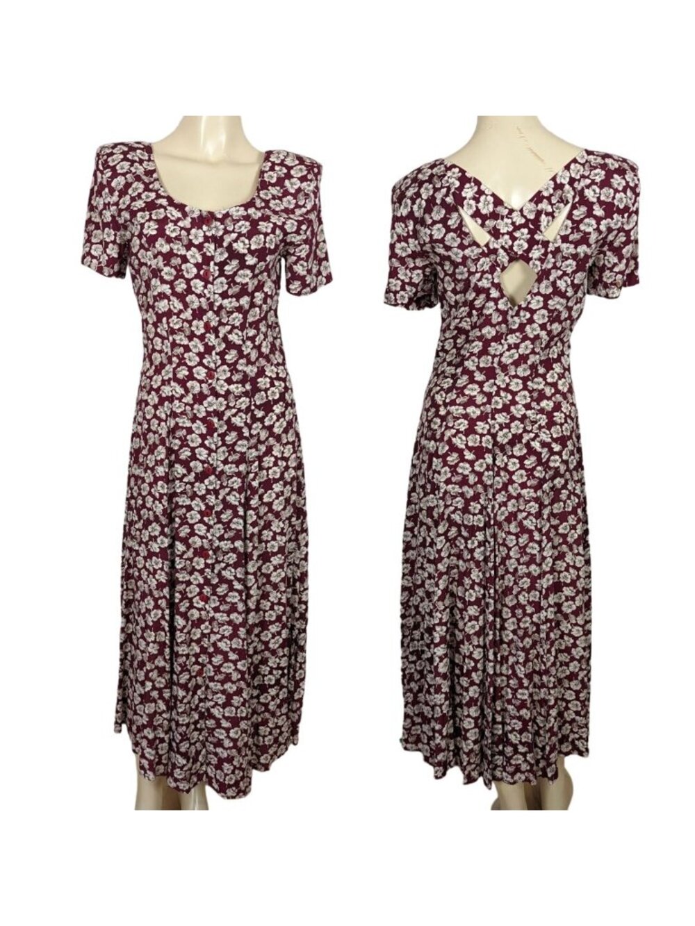 RAMPAGE short sleeve floral print maroon white button down Grunge 1990 dress 7 S